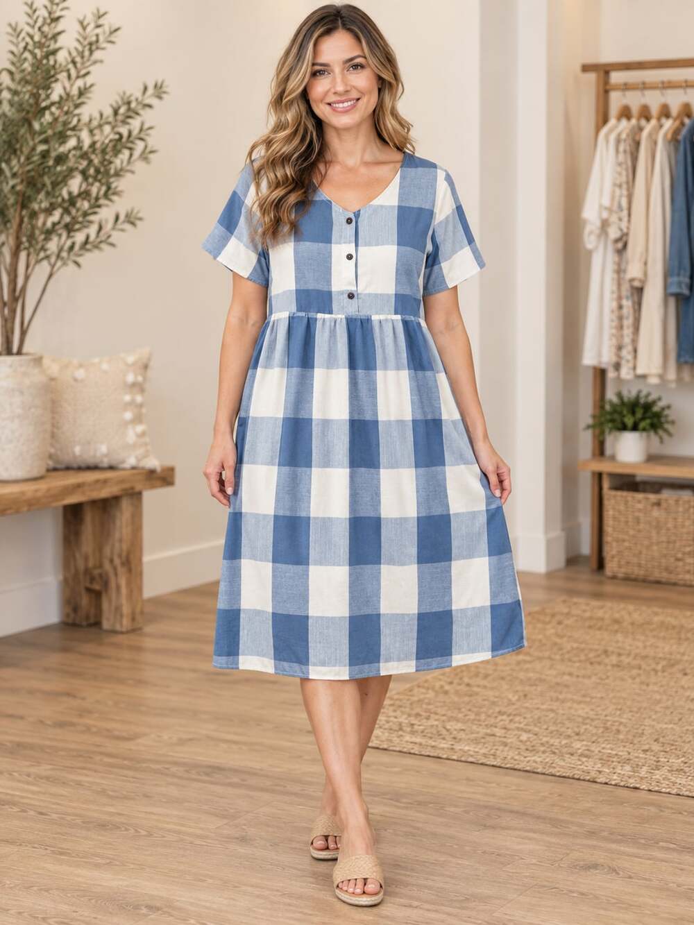Polagram Blue White Gingham Check Midi Dress Cotton Pockets Small